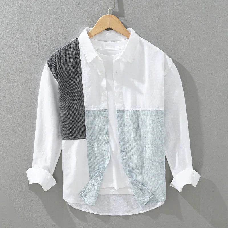 Herren Patchwork-linne skjorta – Andningsbar & Stilfull