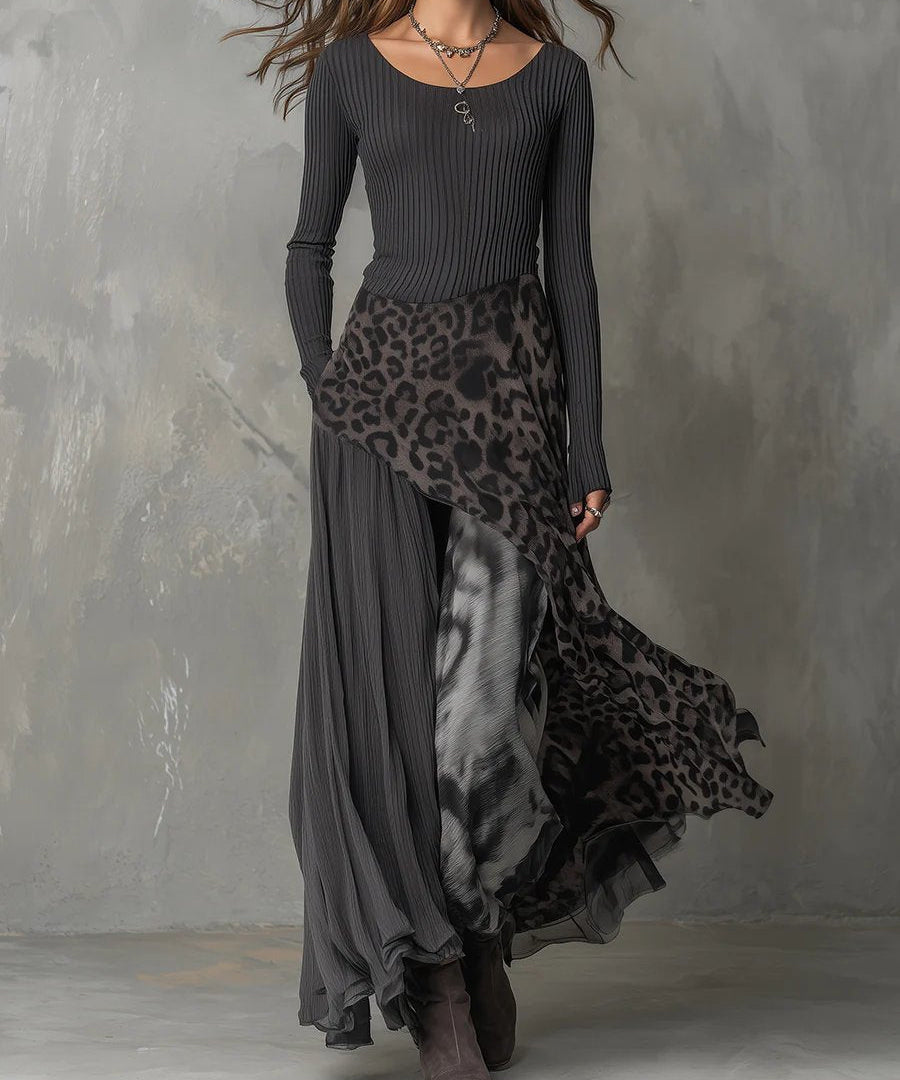 Abendkleider Damen Langarm Maxi-Kleid im Leopardenmuster – Elegantes Boho Kleid mit Unregelmäßigem Saum für Sommer-Events 0