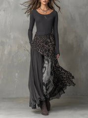 Abendkleider Damen Langarm Maxi-Kleid im Leopardenmuster – Elegantes Boho Kleid mit Unregelmäßigem Saum für Sommer-Events 0