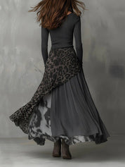 Abendkleider Damen Langarm Maxi-Kleid im Leopardenmuster – Elegantes Boho Kleid mit Unregelmäßigem Saum für Sommer-Events 1
