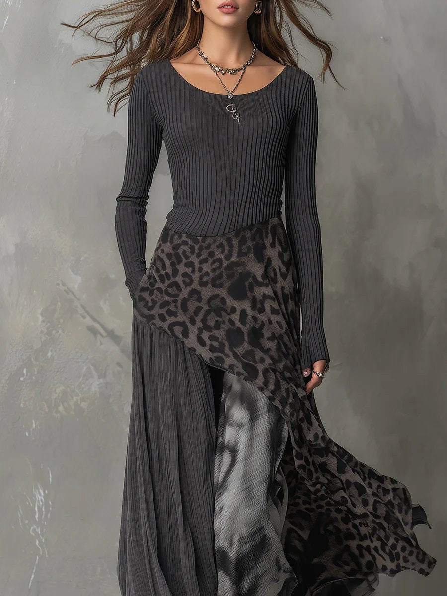 Abendkleider Damen Langarm Maxi-Kleid im Leopardenmuster – Elegantes Boho Kleid mit Unregelmäßigem Saum für Sommer-Events 2