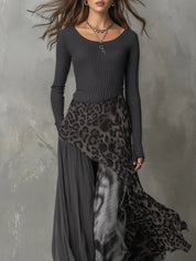 Abendkleider Damen Langarm Maxi-Kleid im Leopardenmuster – Elegantes Boho Kleid mit Unregelmäßigem Saum für Sommer-Events 2