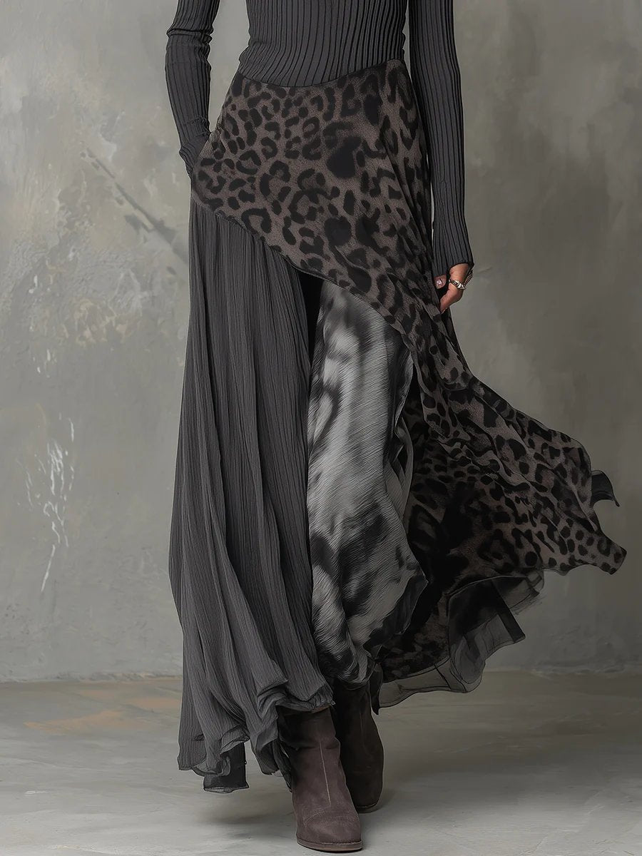 Abendkleider Damen Langarm Maxi-Kleid im Leopardenmuster – Elegantes Boho Kleid mit Unregelmäßigem Saum für Sommer-Events 3