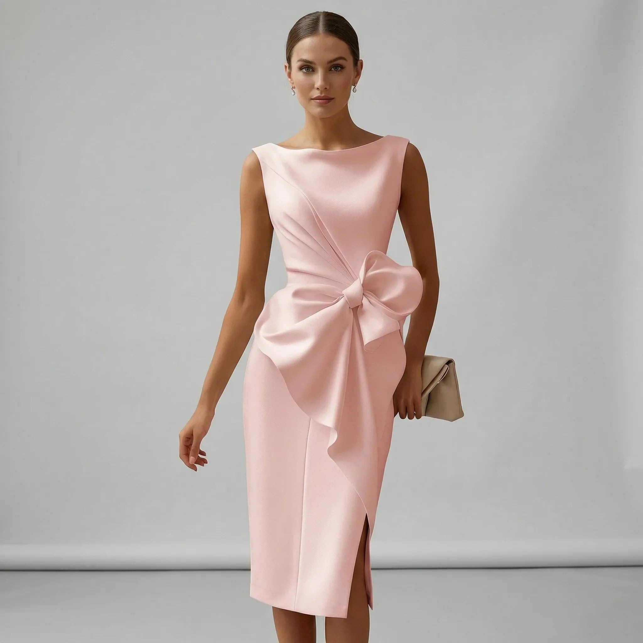 Ärmelloses Midi-Cocktailkleid mit Schleife Tailliert Elegant für Hochzeiten und Partys 0