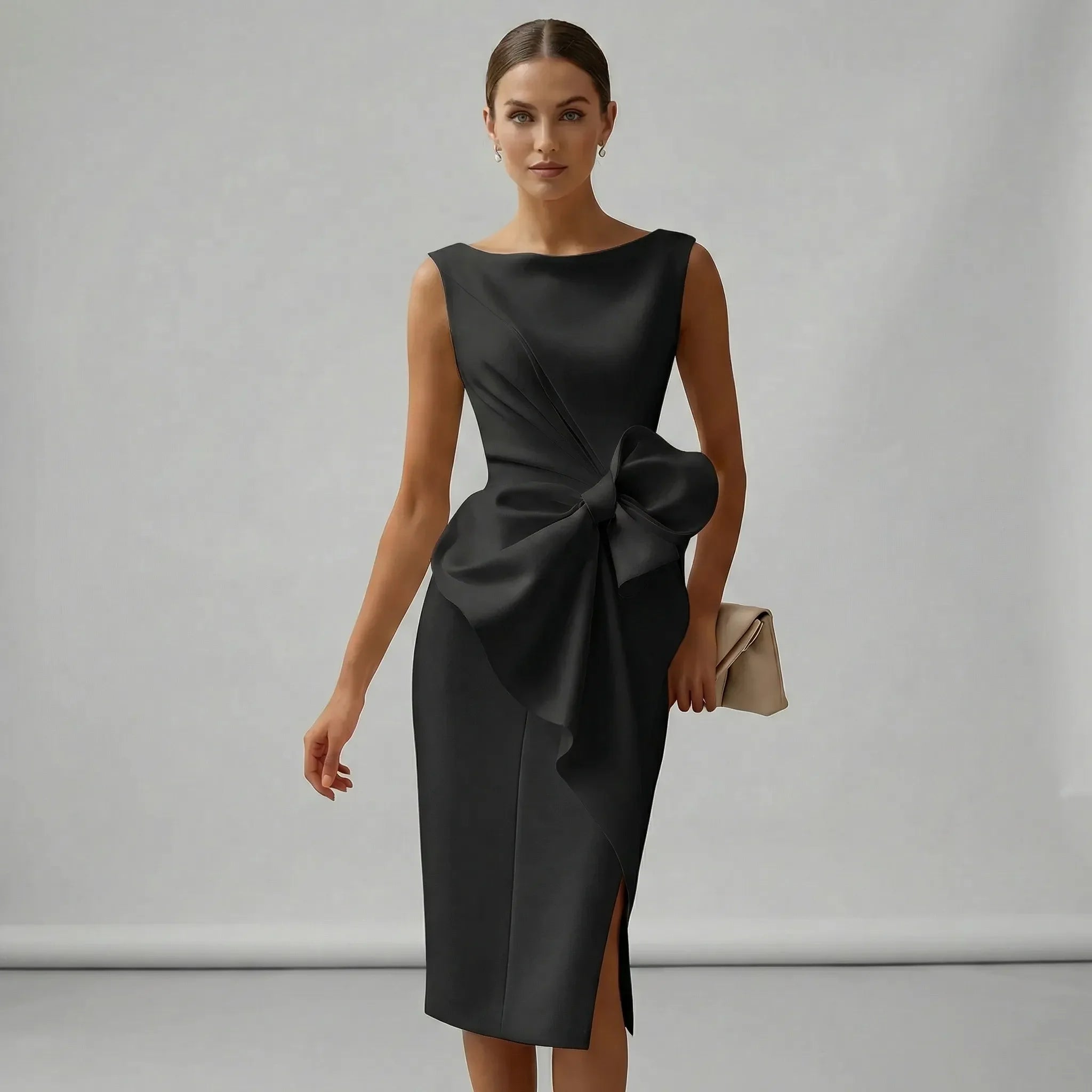 Ärmelloses Midi-Cocktailkleid mit Schleife Tailliert Elegant für Hochzeiten und Partys 7