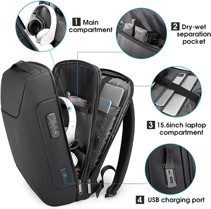 BANGE Anti-Diebstahl-Rucksack mit USB-Ladeanschluss, leichter Business-Rucksack für Männer und Frauen 2