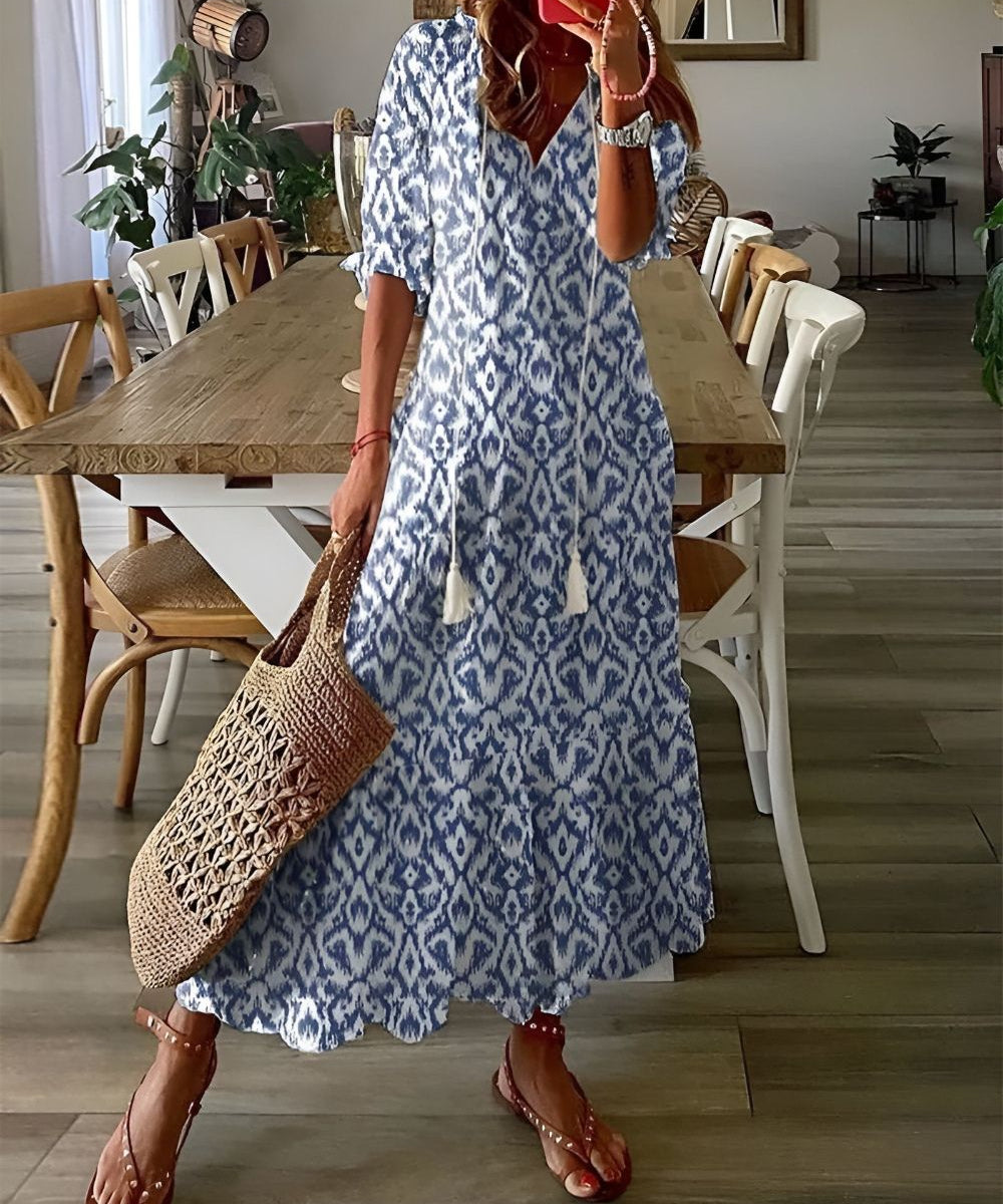 Boho Maxi Kleid Frauen - Elegantes Sommermaxikleid mit Fließender Passform und Verspielten Mustern 0