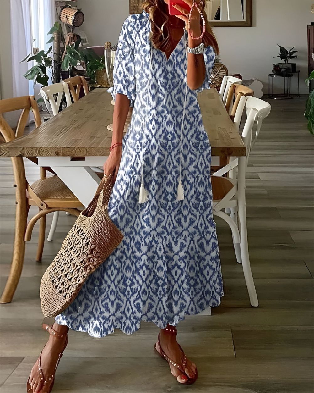 Boho Maxi Kleid Frauen - Elegantes Sommermaxikleid mit Fließender Passform und Verspielten Mustern 0