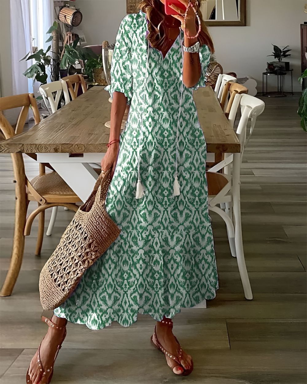 Boho Maxi Kleid Frauen - Elegantes Sommermaxikleid mit Fließender Passform und Verspielten Mustern 1