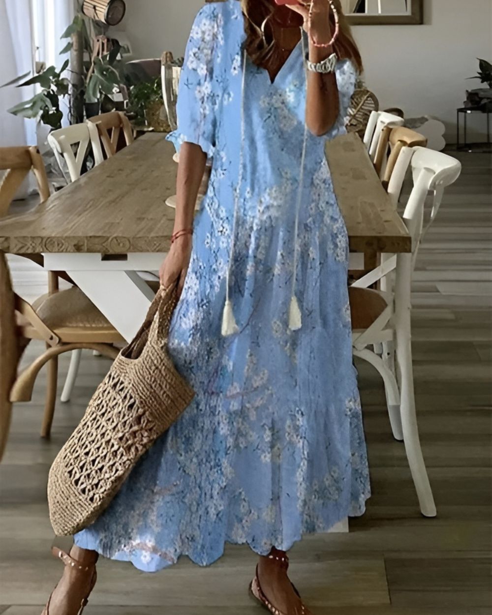 Boho Maxi Kleid Frauen - Elegantes Sommermaxikleid mit Fließender Passform und Verspielten Mustern 3