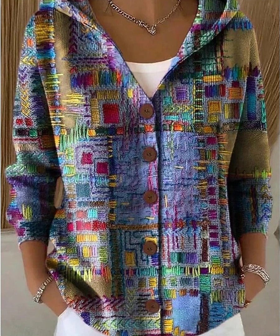 Bunte Damen Strickjacke mit Kapuze und Knopfleiste – Lockerer Hoodie Cardigan für Alltag und Freizeit 0