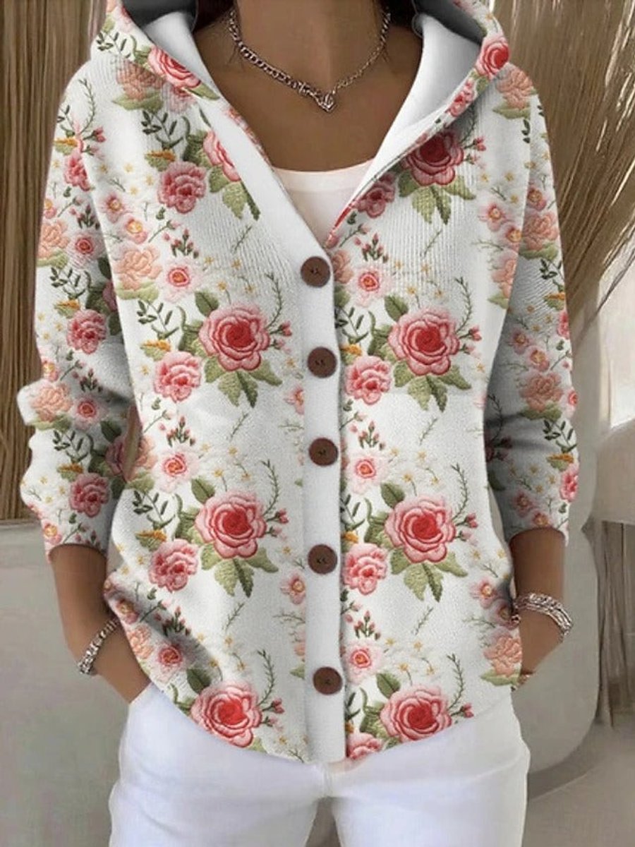 Bunte Damen Strickjacke mit Kapuze und Knopfleiste – Lockerer Hoodie Cardigan für Alltag und Freizeit 4
