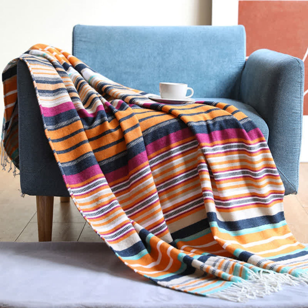 Bunte Gestreifte Decke Mit Quasten Für Zuhause Baumwolle Acryl 0