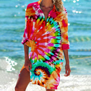 Damen Batik-Print Langarm Hemdblusenkleid Locker Geschnitten Sommerkleid 0