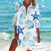 Damen Batik-Print Langarm Hemdblusenkleid Locker Geschnitten Sommerkleid 1