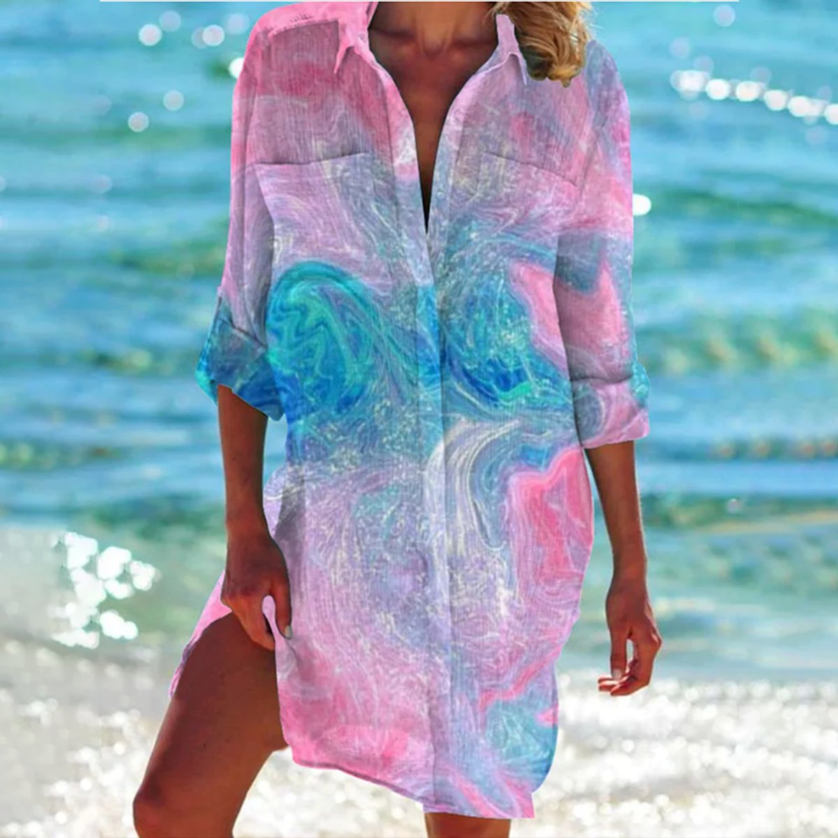 Damen Batik-Print Langarm Hemdblusenkleid Locker Geschnitten Sommerkleid 4