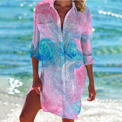 Damen Batik-Print Langarm Hemdblusenkleid Locker Geschnitten Sommerkleid 4