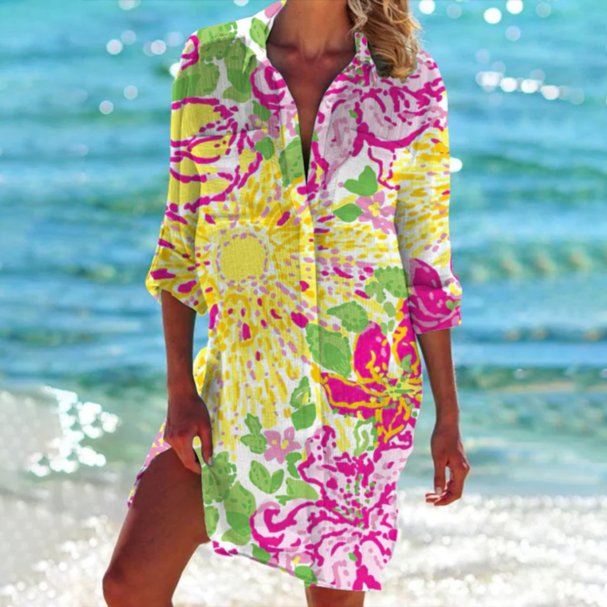 Damen Batik-Print Langarm Hemdblusenkleid Locker Geschnitten Sommerkleid 8