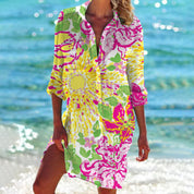Damen Batik-Print Langarm Hemdblusenkleid Locker Geschnitten Sommerkleid 8