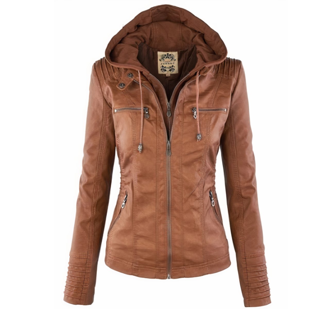 Damen Bikerjacke Kunstleder mit Abnehmbarer Kapuze und Thermofutter für Stylischen Komfort 0