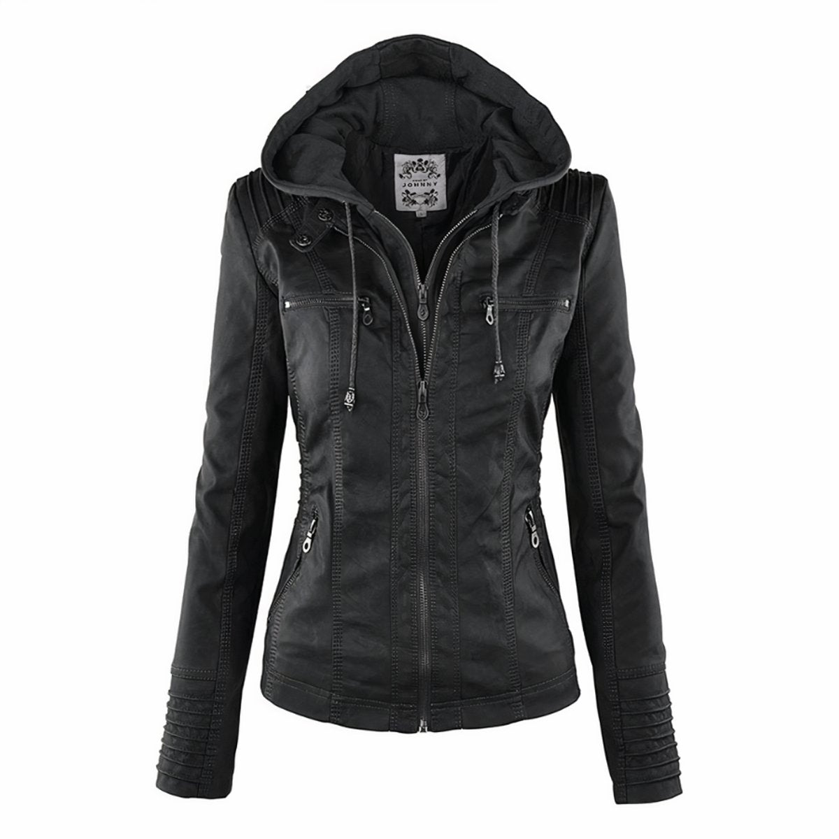 Damen Bikerjacke Kunstleder mit Abnehmbarer Kapuze und Thermofutter für Stylischen Komfort 1