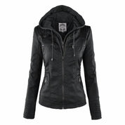 Damen Bikerjacke Kunstleder mit Abnehmbarer Kapuze und Thermofutter für Stylischen Komfort 1