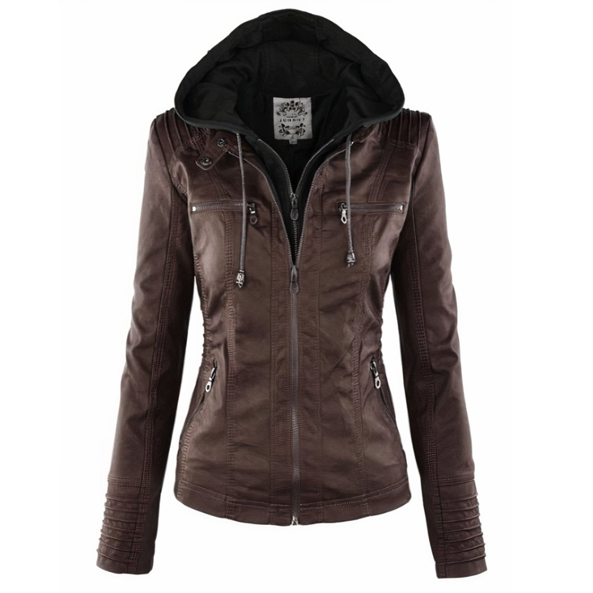 Damen Bikerjacke Kunstleder mit Abnehmbarer Kapuze und Thermofutter für Stylischen Komfort 2