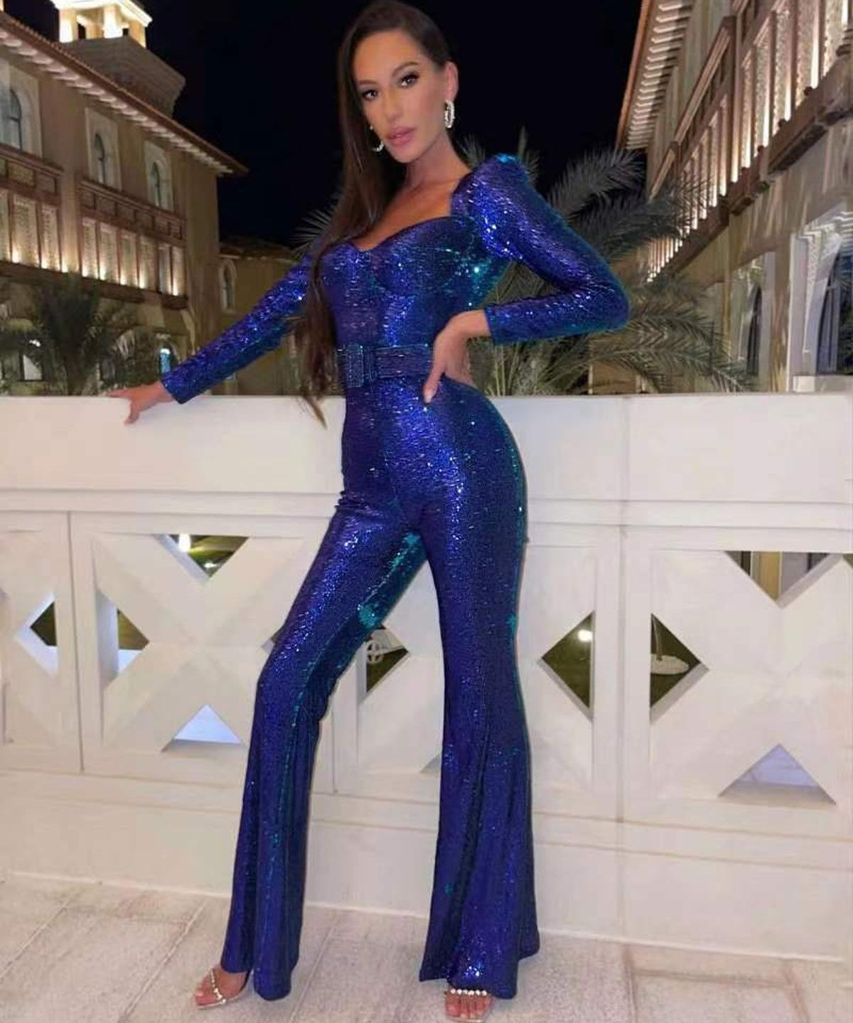 Damen Glitzernder Abendjumpsuit Mit Gürtel Eleganter Look 0