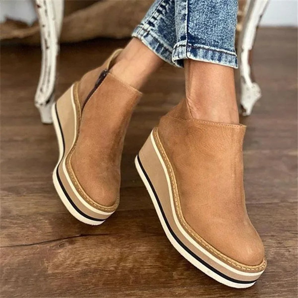 Damen Keilabsatz Ankle Boots mit Plateau und Arch Support – Stilvolle Herbst- und Winterstiefel mit seitlichem Reißverschluss 0