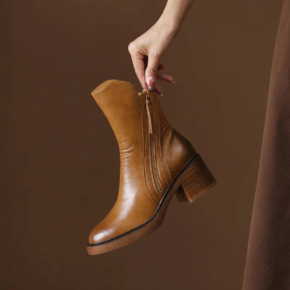 Damen Leder Ankle Boots mit Orthopädischer Arch Support und Blockabsatz 1