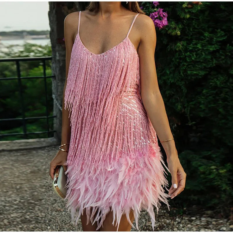 Damen Mini-Kleid Glamourös Mit Pailletten Und Federn 2