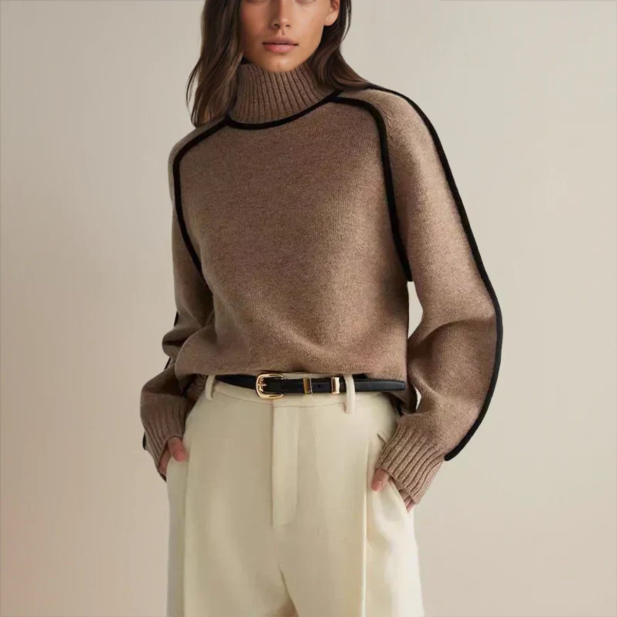 Damen Oversized Rollkragenpullover mit Kontraststreifen – Lässiger Strickpullover für Herbst und Winter, Bequeme Passform 0