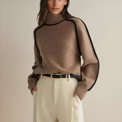 Damen Oversized Rollkragenpullover mit Kontraststreifen – Lässiger Strickpullover für Herbst und Winter, Bequeme Passform 0