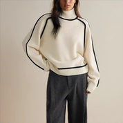 Damen Oversized Rollkragenpullover mit Kontraststreifen – Lässiger Strickpullover für Herbst und Winter, Bequeme Passform 1