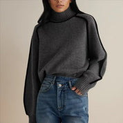 Damen Oversized Rollkragenpullover mit Kontraststreifen – Lässiger Strickpullover für Herbst und Winter, Bequeme Passform 2