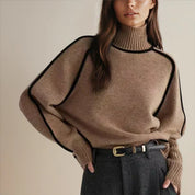 Damen Oversized Rollkragenpullover mit Kontraststreifen – Lässiger Strickpullover für Herbst und Winter, Bequeme Passform 3