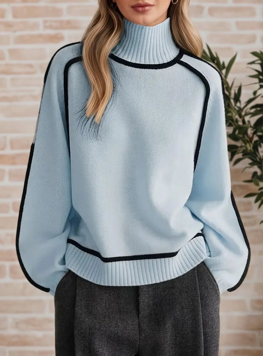 Damen Oversized Rollkragenpullover mit Kontraststreifen – Lässiger Strickpullover für Herbst und Winter, Bequeme Passform 4