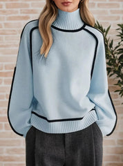 Damen Oversized Rollkragenpullover mit Kontraststreifen – Lässiger Strickpullover für Herbst und Winter, Bequeme Passform 4