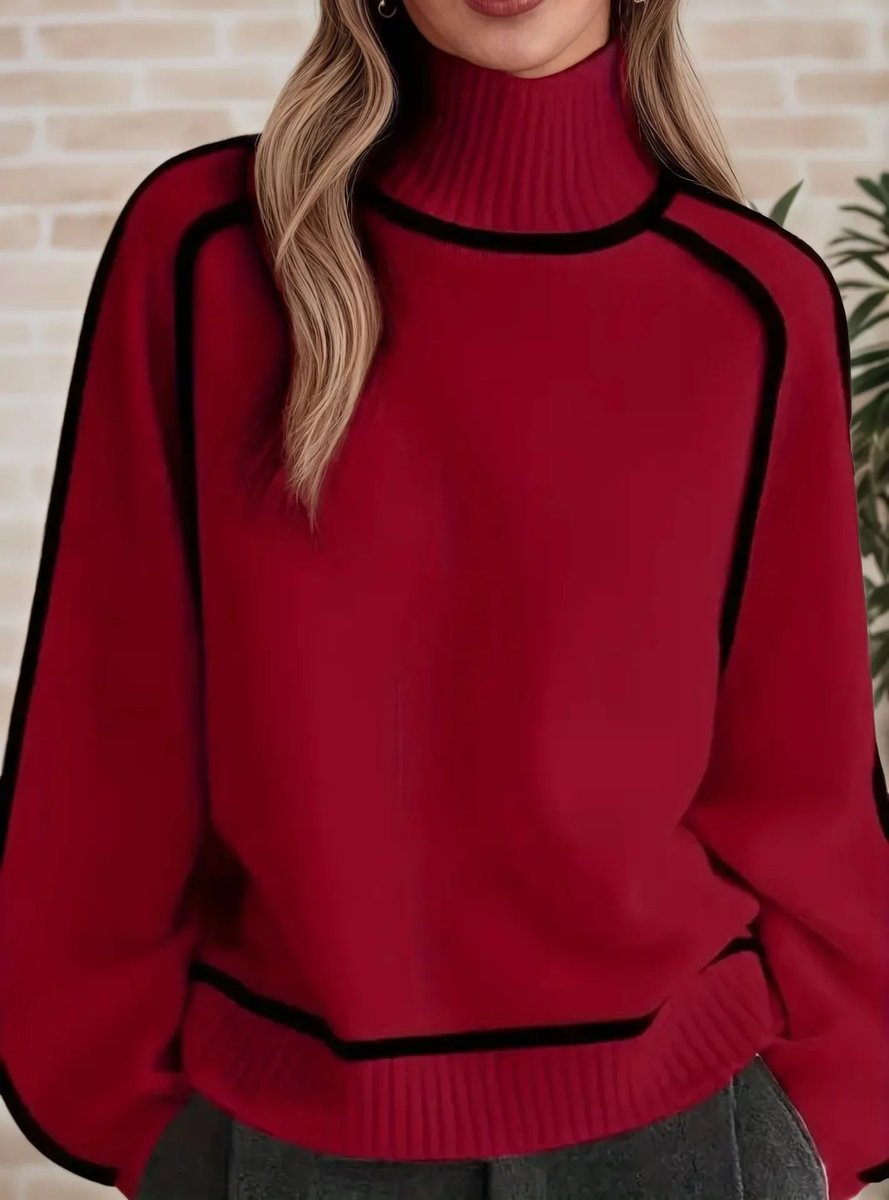 Damen Oversized Rollkragenpullover mit Kontraststreifen – Lässiger Strickpullover für Herbst und Winter, Bequeme Passform 5