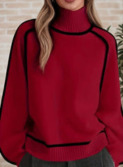 Damen Oversized Rollkragenpullover mit Kontraststreifen – Lässiger Strickpullover für Herbst und Winter, Bequeme Passform 5