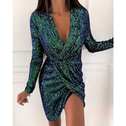 Damen Pailletten Cocktailkleid mit Tiefem V-Ausschnitt und Langarm für Festliche Anlässe 0