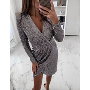 Damen Pailletten Cocktailkleid mit Tiefem V-Ausschnitt und Langarm für Festliche Anlässe 3