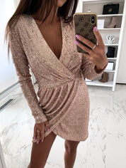 Damen Pailletten Cocktailkleid mit Tiefem V-Ausschnitt und Langarm für Festliche Anlässe 8