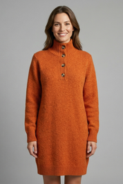 Damen Pulloverkleid mit Stehkragen und Knopfleiste Langarm Casual 0