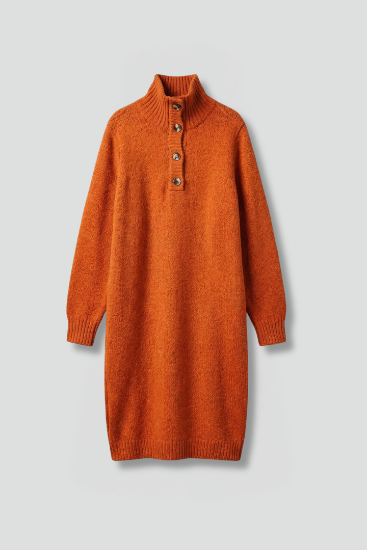 Damen Pulloverkleid mit Stehkragen und Knopfleiste Langarm Casual 1
