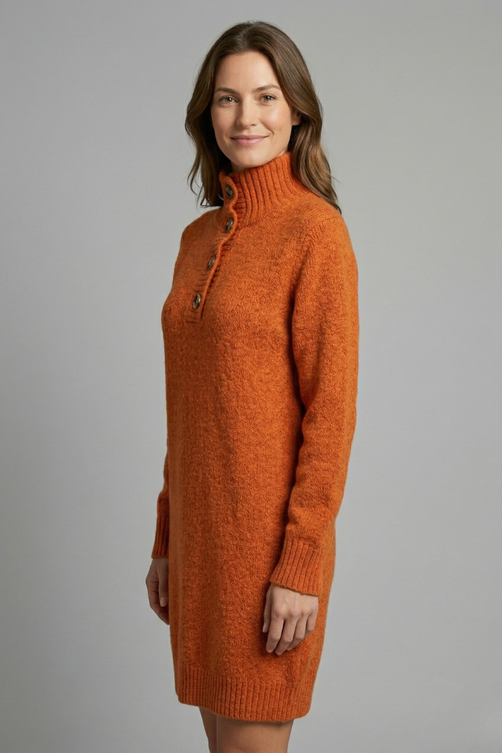 Damen Pulloverkleid mit Stehkragen und Knopfleiste Langarm Casual 2