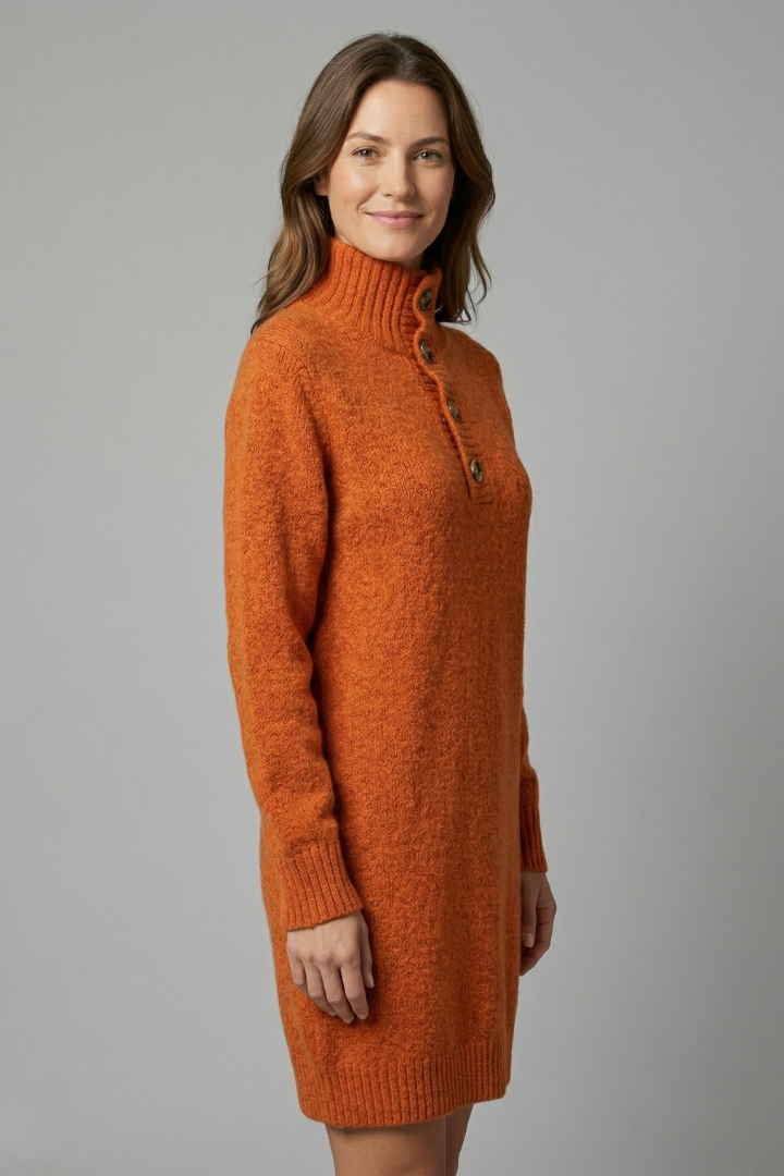 Damen Pulloverkleid mit Stehkragen und Knopfleiste Langarm Casual 3