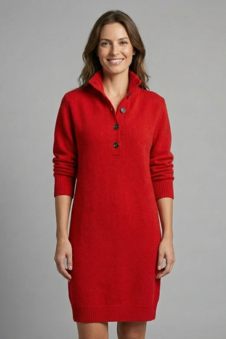 Damen Pulloverkleid mit Stehkragen und Knopfleiste Langarm Casual 5