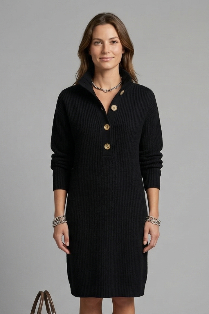 Damen Pulloverkleid mit Stehkragen und Knopfleiste Langarm Casual 6