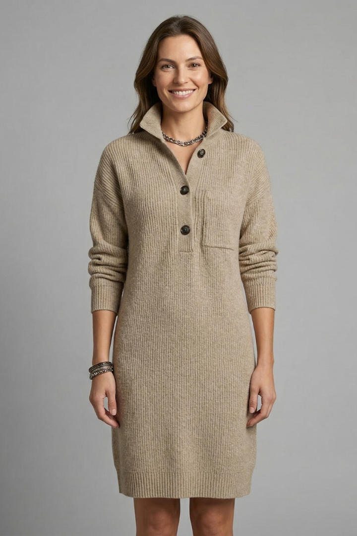 Damen Pulloverkleid mit Stehkragen und Knopfleiste Langarm Casual 7